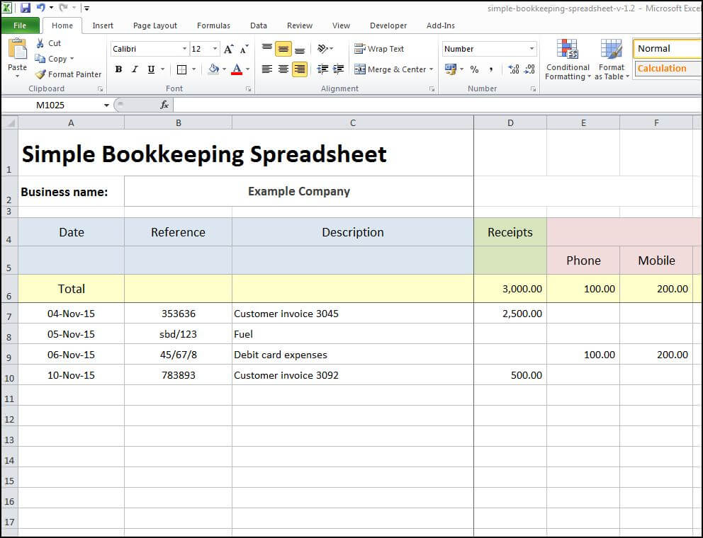 Simple bookkeeping spreadsheet